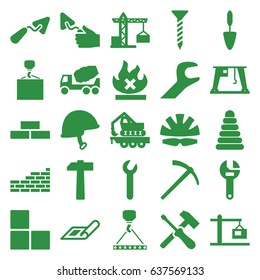 Build icons set. set of 25 build filled icons such as plan, construction crane, brick wall, pyramid, screw, trowel, wrench, concrete mixer, hook with cargo, no fire