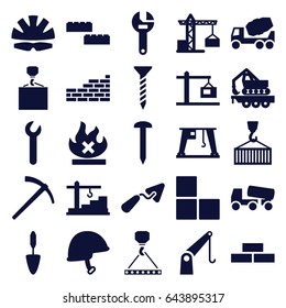 Build icons set. set of 25 build filled icons such as construction crane, brick wall, nail, screw, trowel, wrench, concrete mixer, hook with cargo, no fire, cargo crane