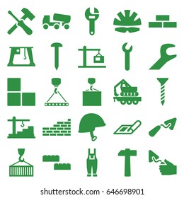 Build icons set. set of 25 build filled icons such as plan, brick wall, nail, screw, trowel, wrench, concrete mixer, hook with cargo, gardener jumpsuit, cargo crane