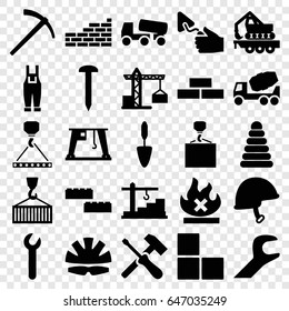 Build icons set. set of 25 build filled icons such as construction crane, brick wall, pyramid, nail, concrete mixer, hook with cargo, trowel, gardener jumpsuit, no fire