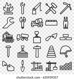 Build icons set. set of 25 build outline icons such as construction crane, brick wall, pyramid, nail, trowel, wrench, concrete mixer, hook with cargo, gardener jumpsuit