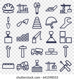 Build icons set. set of 25 build outline icons such as plan, construction crane, brick wall, pyramid, nail, trowel, wrench, concrete mixer, hook with cargo, cargo on hook