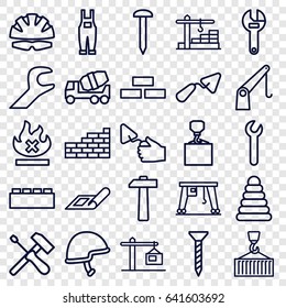 Build icons set. set of 25 build outline icons such as plan, brick wall, pyramid, nail, screw, trowel, wrench, concrete mixer, hook with cargo, gardener jumpsuit, no fire