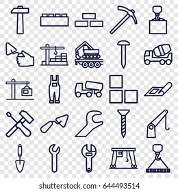 Build icons set. set of 25 build outline icons such as plan, brick wall, nail, screw, trowel, wrench, concrete mixer, hook with cargo, gardener jumpsuit, cargo crane