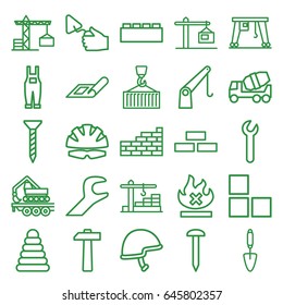 Build icons set. set of 25 build outline icons such as plan, construction crane, brick wall, pyramid, nail, screw, concrete mixer, trowel, gardener jumpsuit, no fire