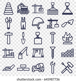 Build icons set. set of 25 build outline icons such as plan, construction crane, brick wall, pyramid, nail, screw, trowel, wrench, concrete mixer, hook with cargo