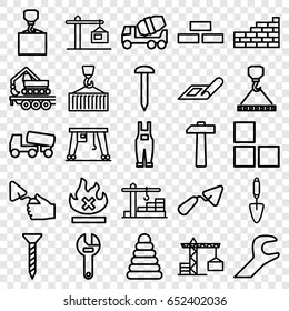 Build icons set. set of 25 build outline icons such as plan, construction crane, brick wall, pyramid, nail, screw, trowel, wrench, concrete mixer, hook with cargo