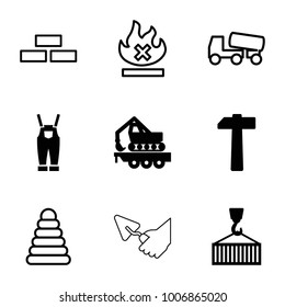 Build icons. set of 9 editable filled and outline build icons such as cargo crane, cargo on hook, hammer, brick wall, pyramid, concrete mixer, no fire, trowel