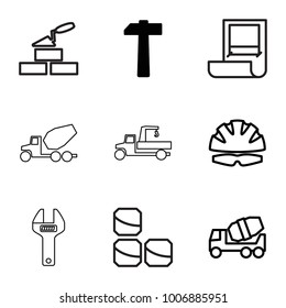 Build icons. set of 9 editable outline build icons such as hammer, concrete mixer, helmet, plan, brick wall