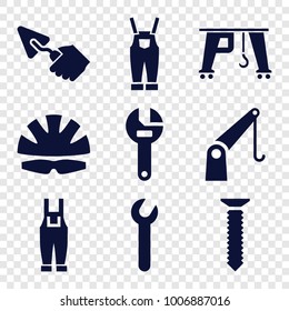 Build icons. set of 9 editable filled build icons such as wrench, gardener jumpsuit, cargo crane, helmet, screw