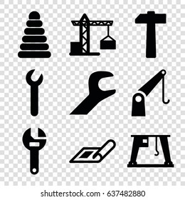 Build icons set. set of 9 build filled icons such as plan, construction crane, pyramid, wrench, cargo crane