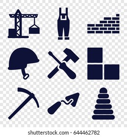 Build icons set. set of 9 build filled icons such as construction crane, brick wall, pyramid, trowel, gardener jumpsuit, helmet, hammer