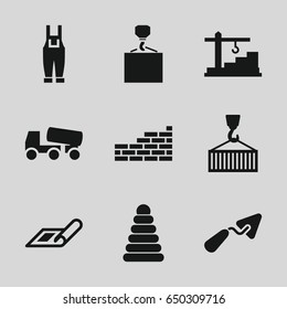Build icons set. set of 9 build filled icons such as plan, pyramid, trowel, concrete mixer, hook with cargo, gardener jumpsuit, cargo on hook, construction  crane
