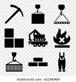 Build icons set. set of 9 build filled icons such as brick wall, hook with cargo, gardener jumpsuit, no fire, cargo crane, cargo on hook