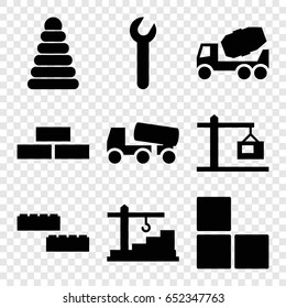 Build icons set. set of 9 build filled icons such as brick wall, pyramid, concrete mixer, construction  crane, wrench