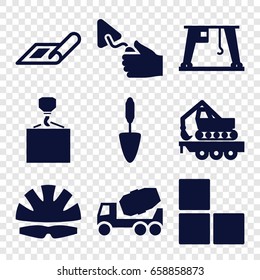 Build icons set. set of 9 build filled icons such as plan, brick wall, concrete mixer, hook with cargo, trowel, cargo crane