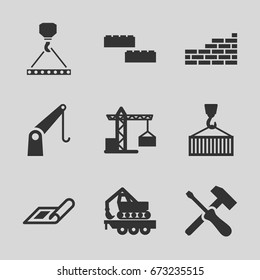 Build icons set. set of 9 build filled icons such as plan, construction crane, hook with cargo, cargo crane, cargo on hook, brick wall, building block
