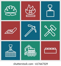 Build icons set. set of 9 build outline icons such as plan, hook with cargo, no fire, cargo crane, cargo on hook, hammer, helmet, screwdriver
