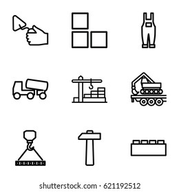 Build icons set. set of 9 build outline icons such as brick wall, concrete mixer, hook with cargo, trowel, gardener jumpsuit, cargo crane, construction  crane, hammer