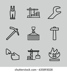 Build icons set. set of 9 build outline icons such as construction crane, trowel, gardener jumpsuit, no fire, cargo on hook, wrench, construction  crane