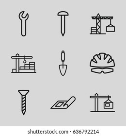 Build icons set. set of 9 build outline icons such as plan, construction crane, nail, screw, trowel, construction  crane, wrench