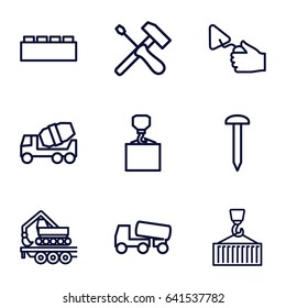 Build icons set. set of 9 build outline icons such as nail, concrete mixer, hook with cargo, trowel, cargo crane, cargo on hook, screwdriver