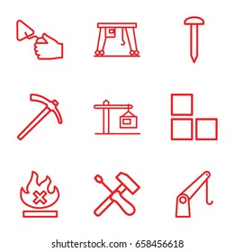 Build icons set. set of 9 build outline icons such as brick wall, nail, trowel, no fire, cargo crane, construction  crane, hammer