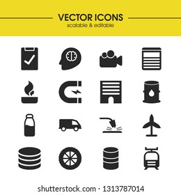 Build icons set with building, flame and tire elements. Set of build icons and camcorder concept. Editable vector elements for logo app UI design.