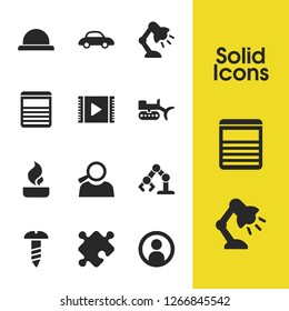 Build icons set with button, lamp and excavator elements. Set of build icons and web concept. Editable vector elements for logo app UI design.