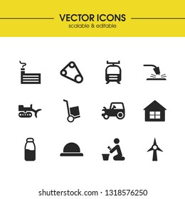 Build icons set with factory, farm and milk elements. Set of build icons and home concept. Editable vector elements for logo app UI design.