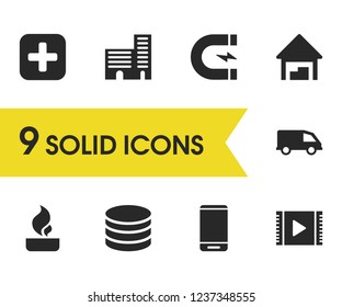 Build icons set with flame, movie and truck elements. Set of build icons and van concept. Editable vector elements for logo app UI design.