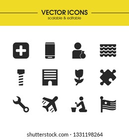 Build icons set with maintenance, usa and integration elements. Set of build icons and flower concept. Editable vector elements for logo app UI design.