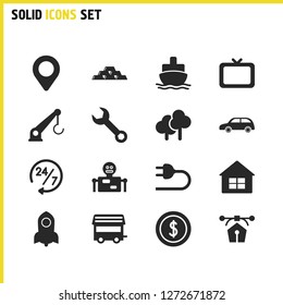 Build icons set with map, robot and rocket elements. Set of build icons and automobile concept. Editable vector elements for logo app UI design.