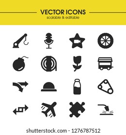 Build icons set with microphone, plane and caravan elements. Set of build icons and explosive concept. Editable vector elements for logo app UI design.