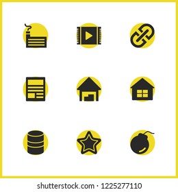 Build icons set with news, factory and chain elements. Set of build icons and play video concept. Editable vector elements for logo app UI design.