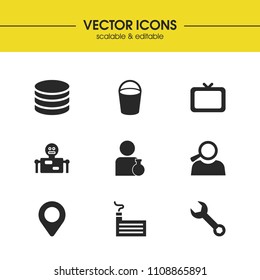 Build icons set with robot, bucket and map elements. Set of build icons and pin concept. Editable vector elements for logo app UI design.