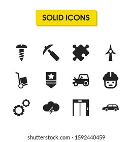 Build icons set with tractor, screw and ecology elements. Set of build icons and pickaxe concept. Editable vector elements for logo app UI design.