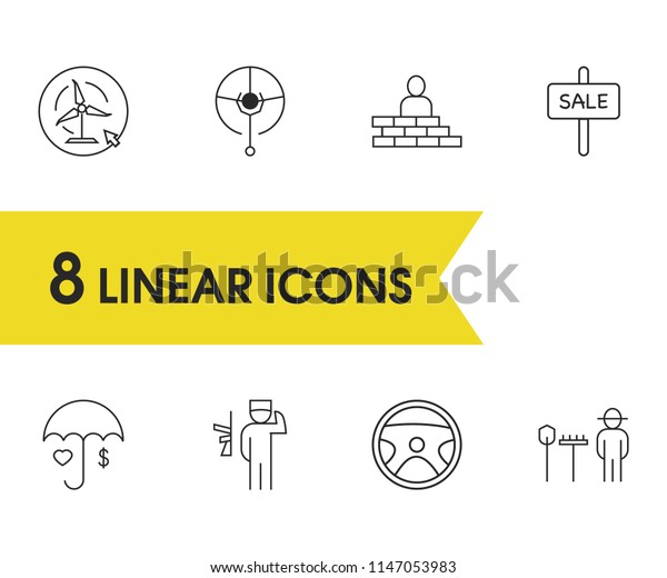 Build icons set with umbrella, military and\
car wheel elements. Set of build icons and sale concept. Editable\
vector elements for logo app UI\
design.