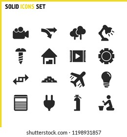 Build icons set with warehouse, plane and cable elements. Set of build icons and desk light concept. Editable vector elements for logo app UI design.
