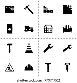 Build icons. vector collection filled build icons. includes symbols such as wrench, screw, cone barrier, road working sign, work helmet. use for web, mobile and ui design.