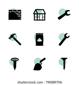 Build icons. vector collection filled build icons set.. includes symbols such as wrench, frame house, cement bag, nail, screw, hammer. use for web, mobile and ui design.