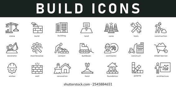 Build Icons vector illustration with thin line editable stroke containing crane construction building land tools maintenance architecture wall worker renovation palette cement bulldozer