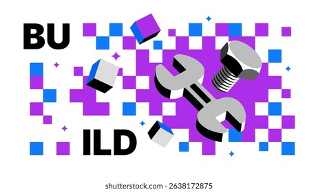 Build Ideas Pattern-Tools Icon with Abstract Pixel Background for Innovation, Startup, and Engineering Visuals