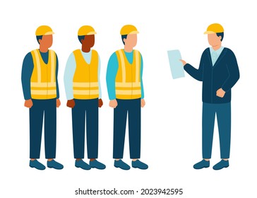 Construir un arquitecto de la industria, el ingeniero se comunica con el contratista de los trabajadores, el constructor en el casco, discutir el nuevo proyecto, la construcción. La arquitectura y la propiedad. Contacto sobre la construcción. Ilustración del vector