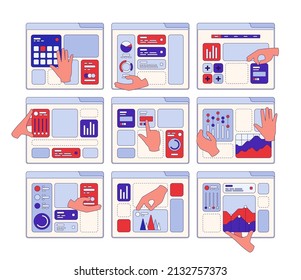 Build interface. Hands holding different ui geometrical elements application construction garish vector web page design concept