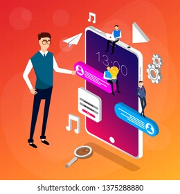 Build internet interacting images. Interactive creative client profile. Customer mobile workspace situation. Office analysis 3d isolated on gradient background. Isometric illustration.