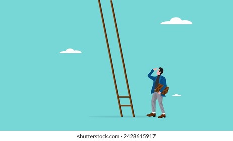 build a ladder to career success, journey to building business success, creative ideas or innovations in solving problems, businessman build a ladder to career success concept vector illustration