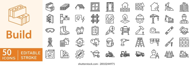 Build line editable icon set. construction architecture tools, engineer worker helmet, crane excavator truck, and house blueprint. Editable stroke. Vector illustration.