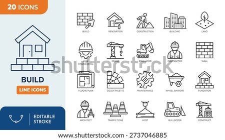 build line editable icon set. Contain icons related to build, construction, building, architecture, worker, and more. Editable stroke. Vector illustration
