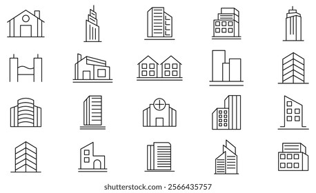 Build line icon set. containing house, office, bank, school, hotel, city, villa, hospital, shop, casino, real estate, church, sports stadium, medical hospital line icon set. Ui thin line icon pack. 